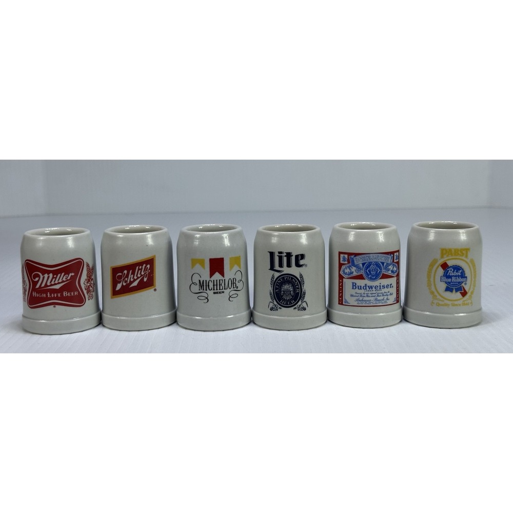 6 Vintage 1980's Mini Beer Steins Stoneware Ceramarte Brazil Barware Budweiser